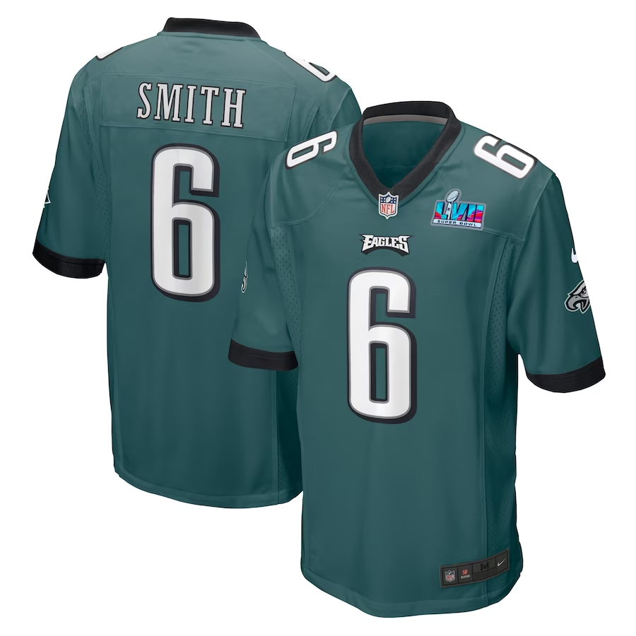 Men's Philadelphia Eagles DeVonta Smith #6 Midnight Green Super Bowl LVII Patch Jersey